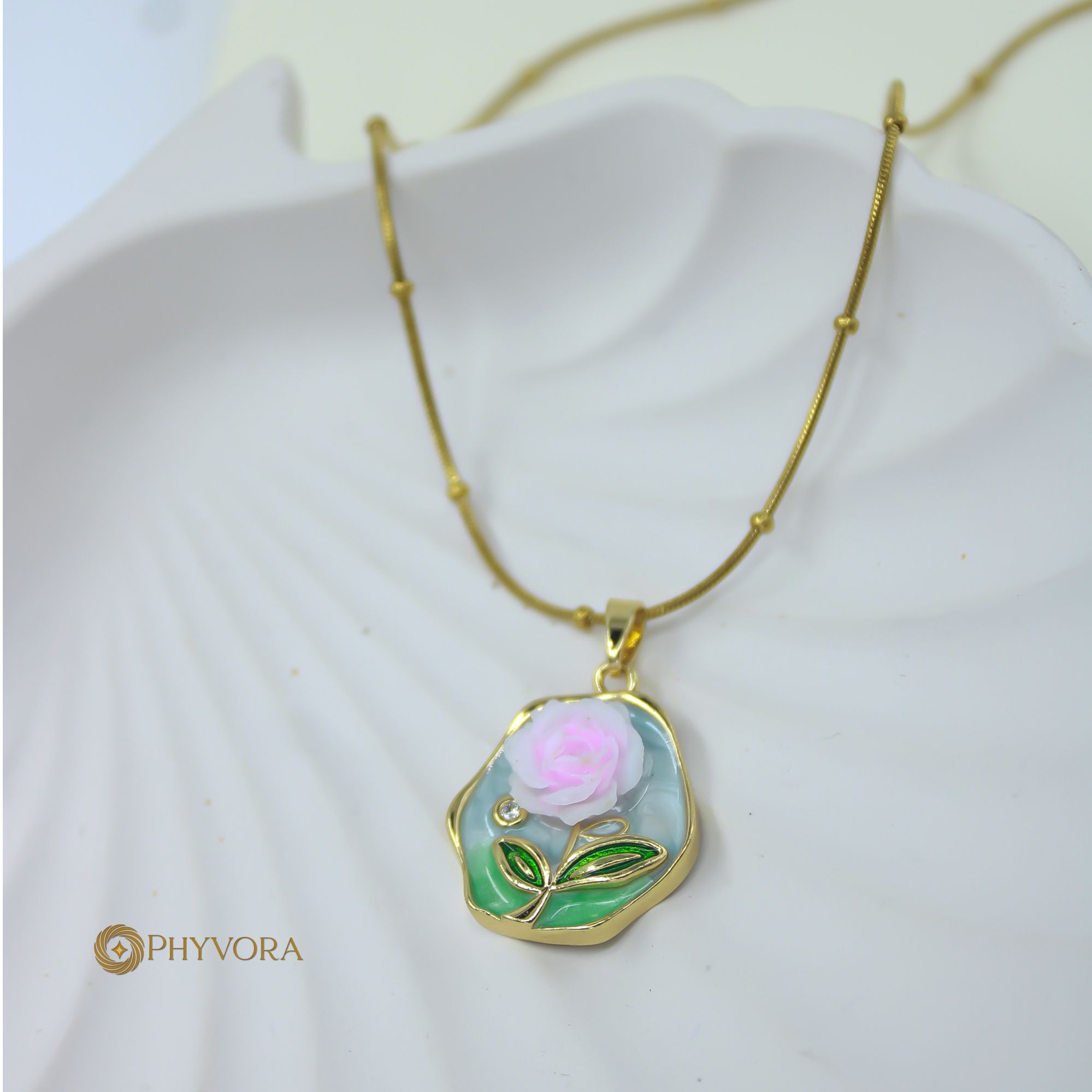 Enamel Rose Blossom 18k Pendant Necklace