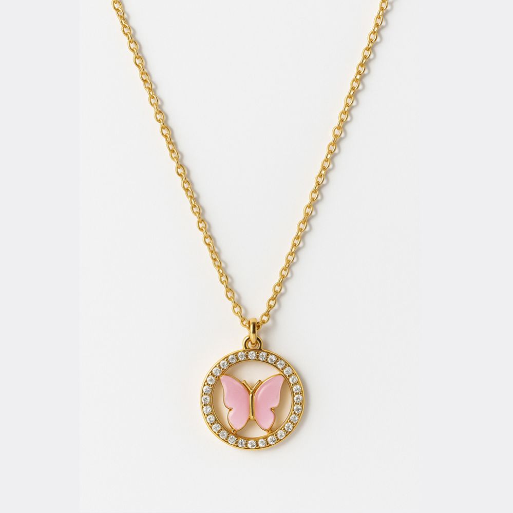 Crystal Flutter - Pink Butterfly Medallion Necklace
